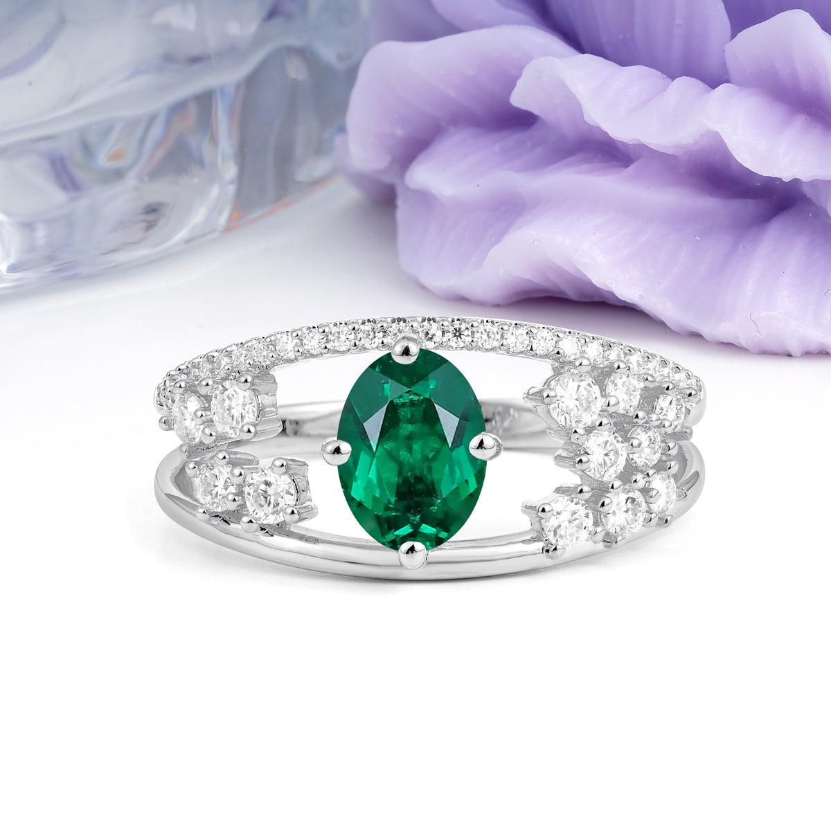 Unique Openwork, Luxurious 4-Prong, Oval Cut Emerald Engagement Ring - Additional view