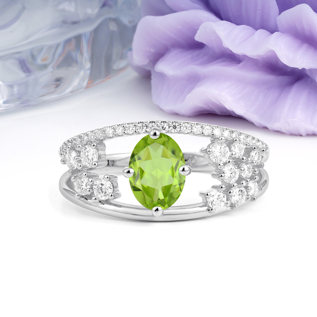 Unique Openwork, Luxurious 4-Prong, Oval Cut Peridot Engagement Ring - Additional view