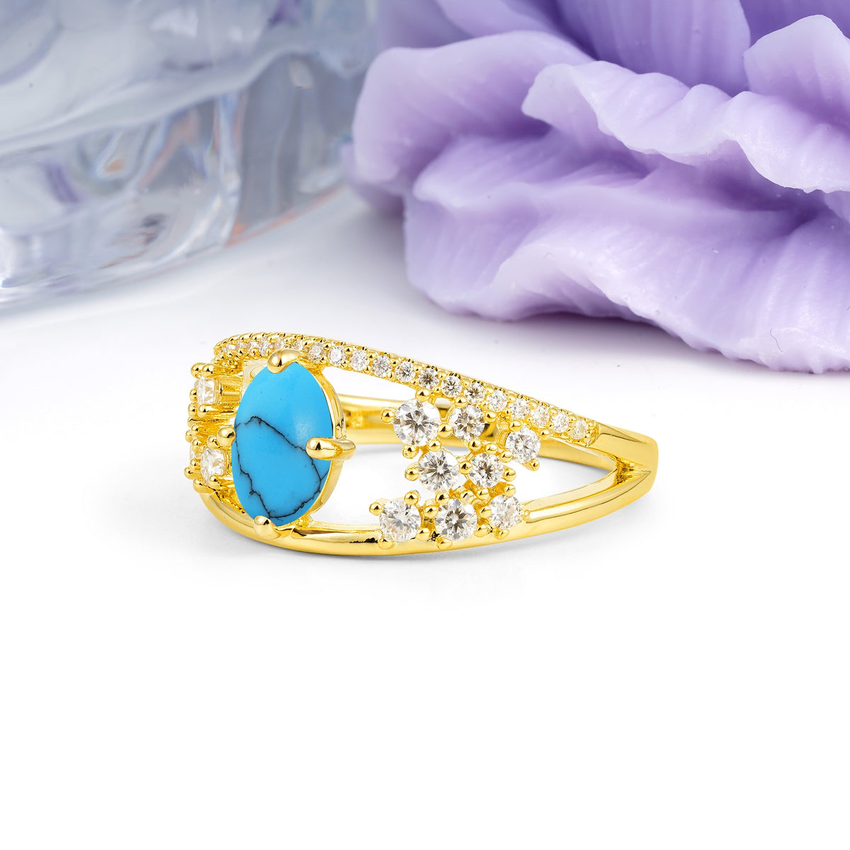 Unique Openwork, Luxurious 4-Prong, Oval Cut Turquoise Engagement Ring - Additional view
