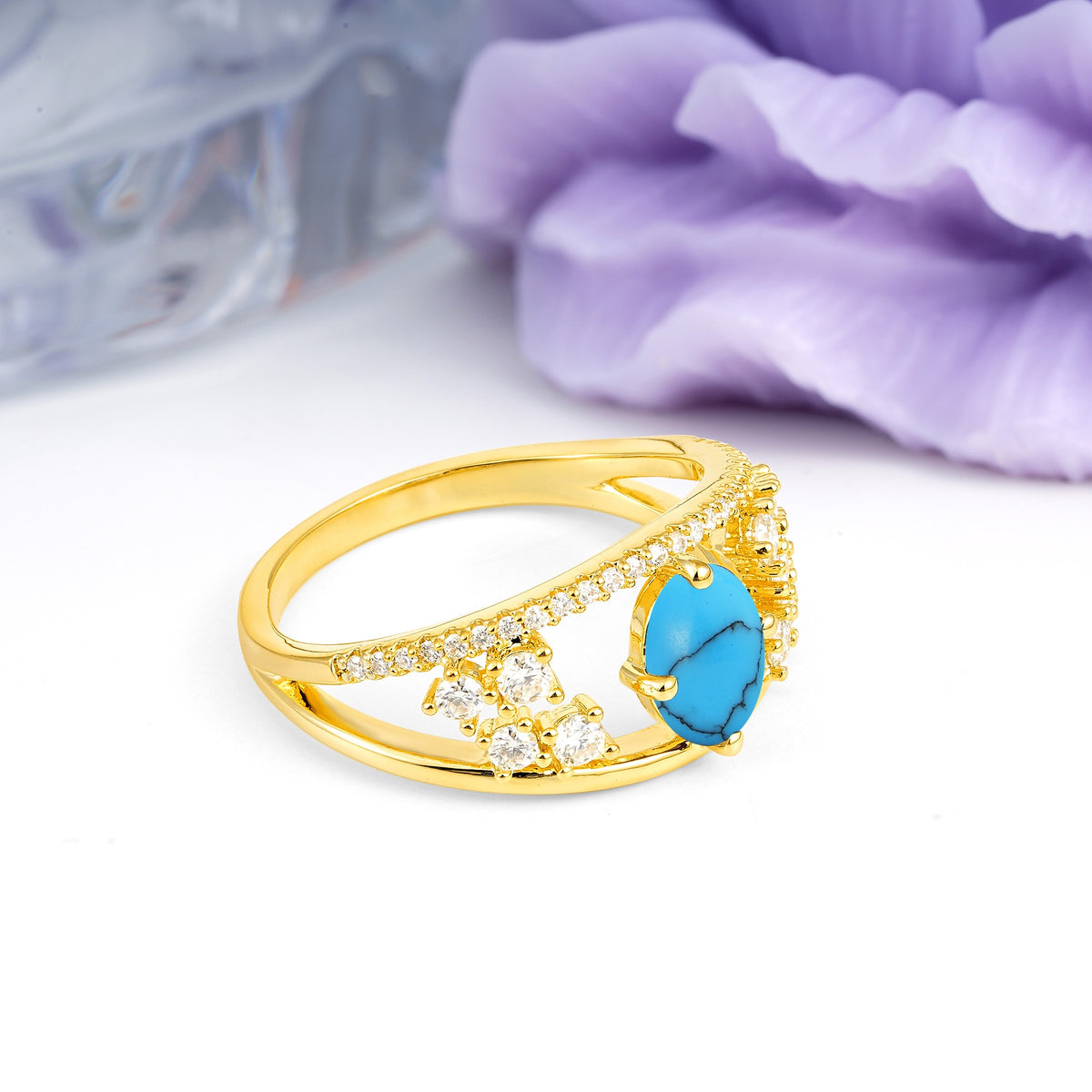 Unique Openwork, Luxurious 4-Prong, Oval Cut Turquoise Engagement Ring - Additional view