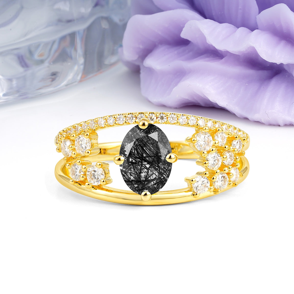 Unique Openwork, Luxurious 4-Prong, Oval Cut Black Rutilated Quartz Engagement Ring - Additional view