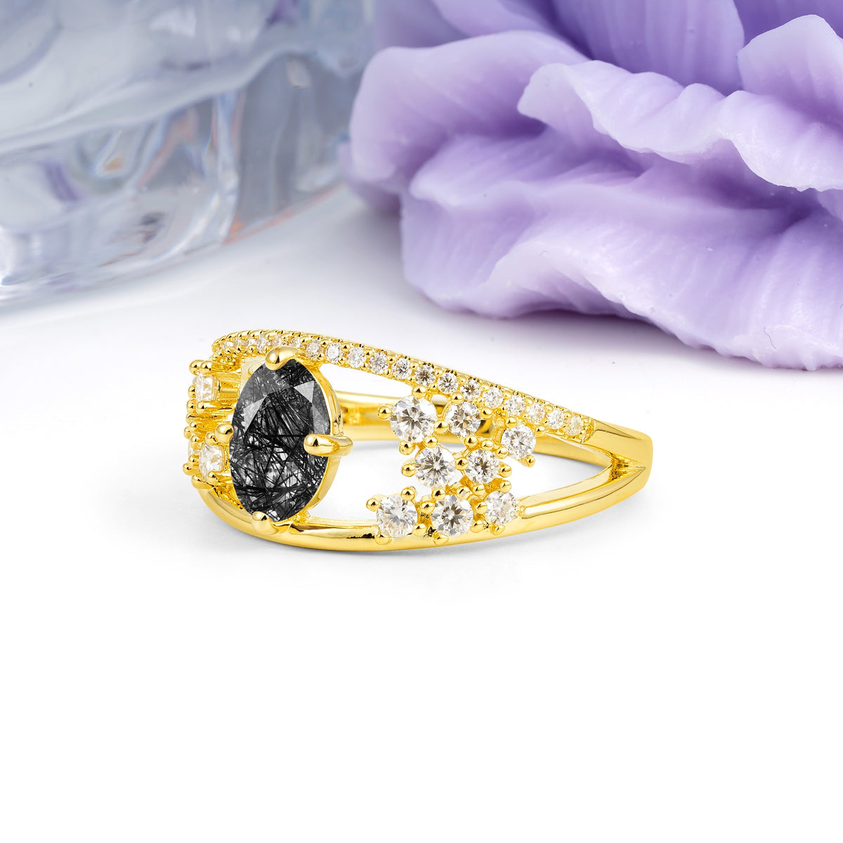 Unique Openwork, Luxurious 4-Prong, Oval Cut Black Rutilated Quartz Engagement Ring - Additional view