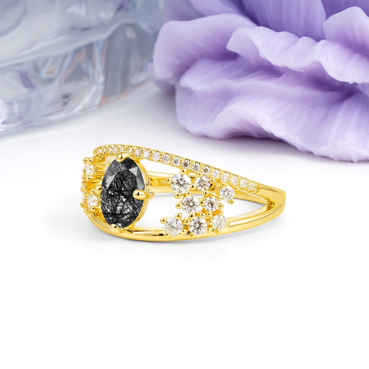 Unique Openwork, Luxurious 4-Prong, Oval Cut Black Rutilated Quartz Engagement Ring - Additional view