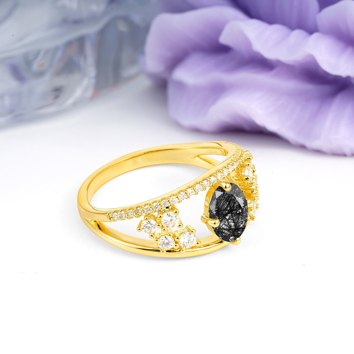 Unique Openwork, Luxurious 4-Prong, Oval Cut Black Rutilated Quartz Engagement Ring - Additional view
