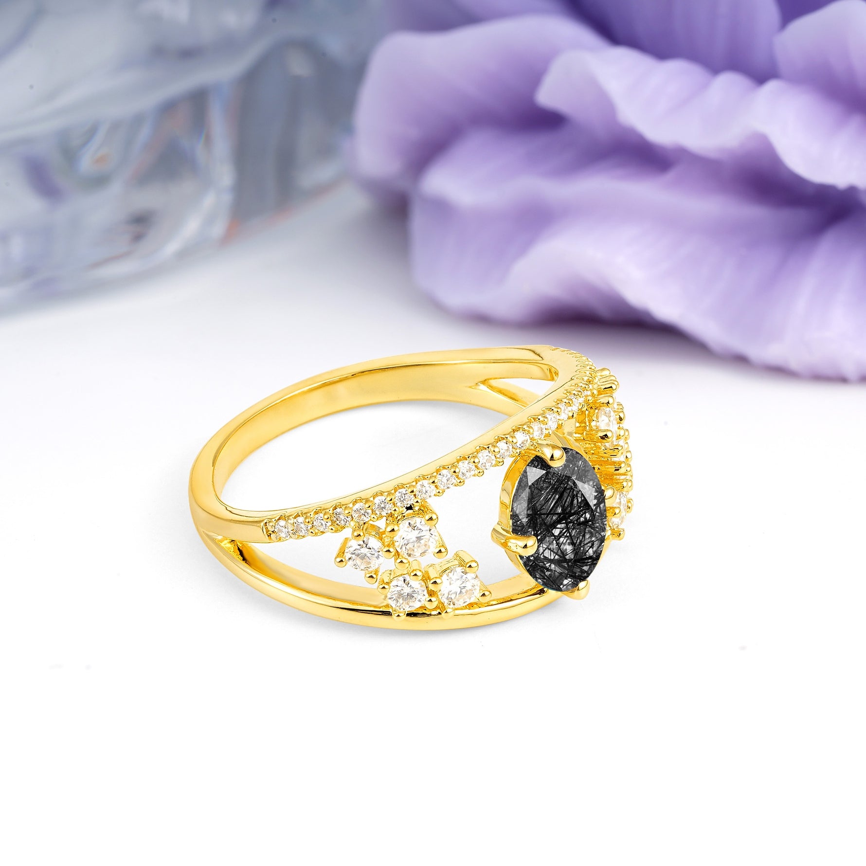 Unique Openwork, Luxurious 4-Prong, Oval Cut Black Rutilated Quartz Engagement Ring - Additional view