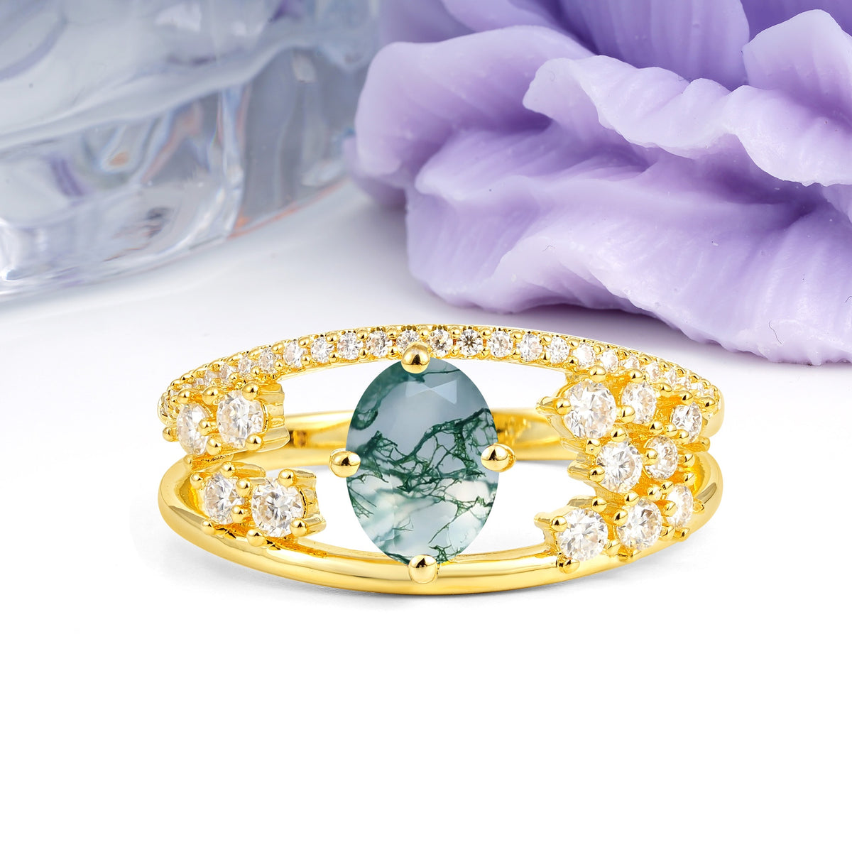 Unique Openwork, Luxurious 4-Prong, Oval Cut Moss Agate Engagement Ring - Additional view