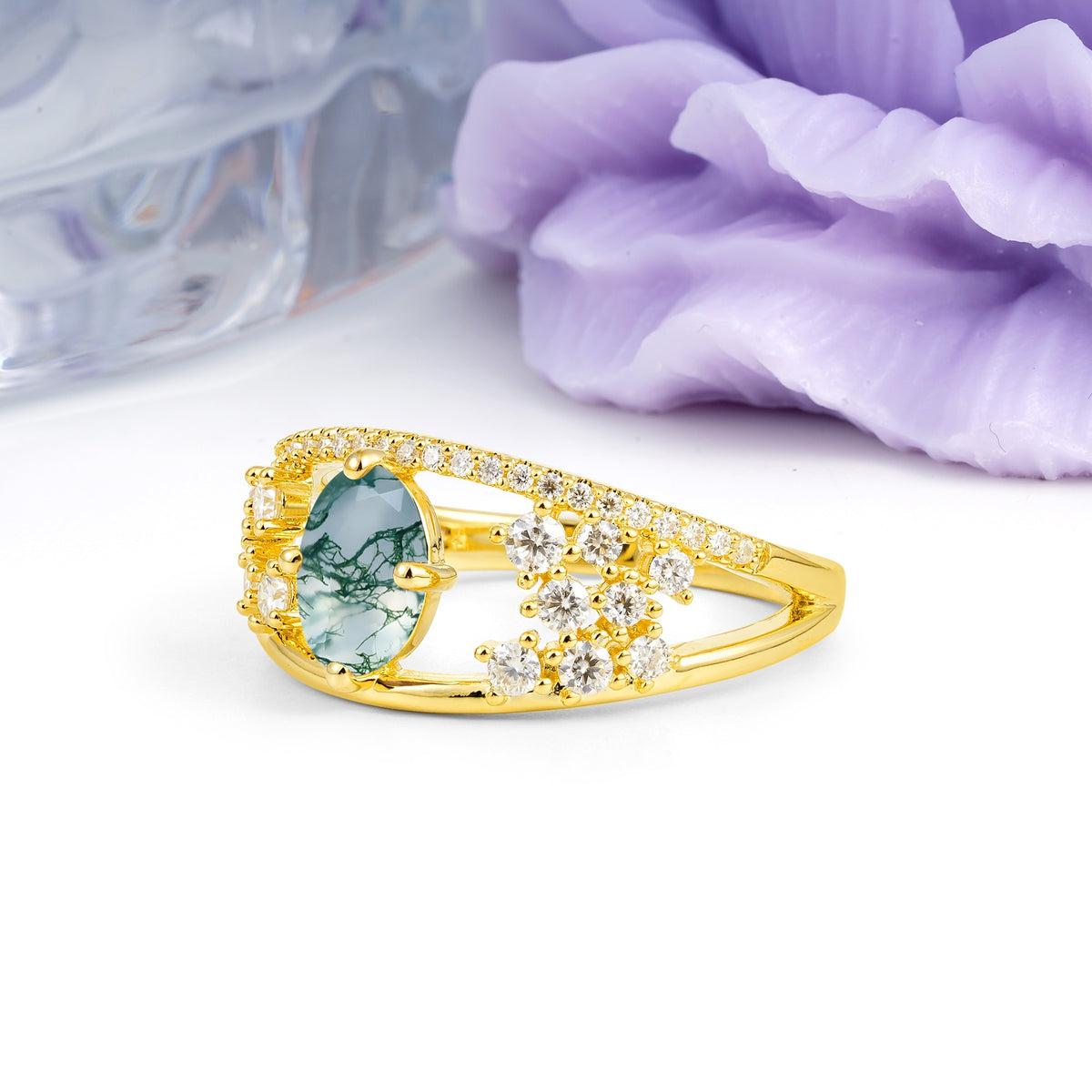 Unique Openwork, Luxurious 4-Prong, Oval Cut Moss Agate Engagement Ring - Additional view