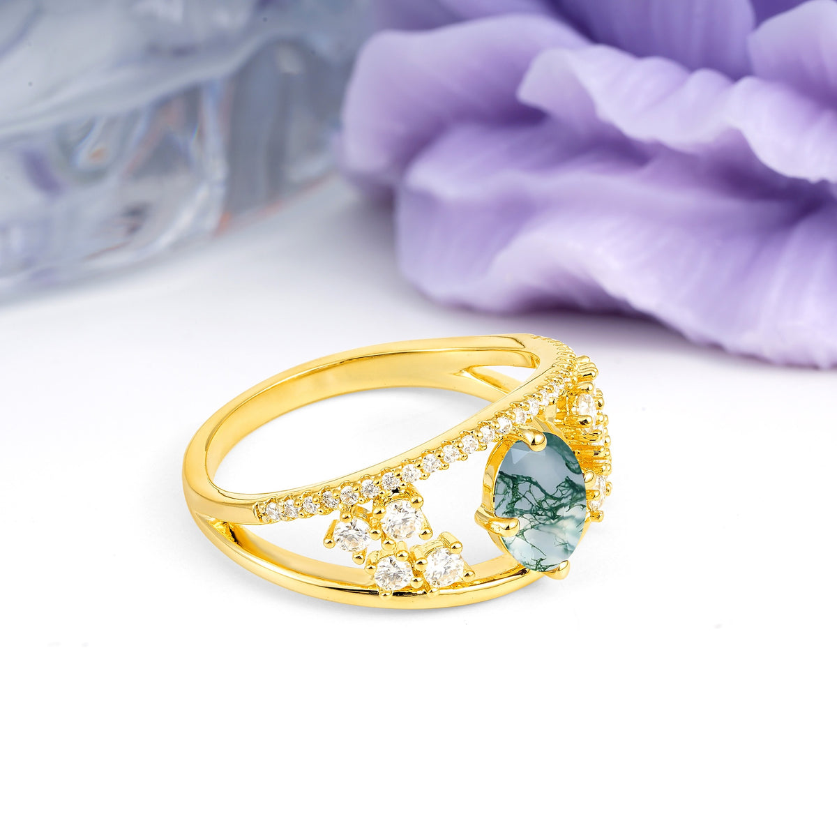 Unique Openwork, Luxurious 4-Prong, Oval Cut Moss Agate Engagement Ring - Additional view
