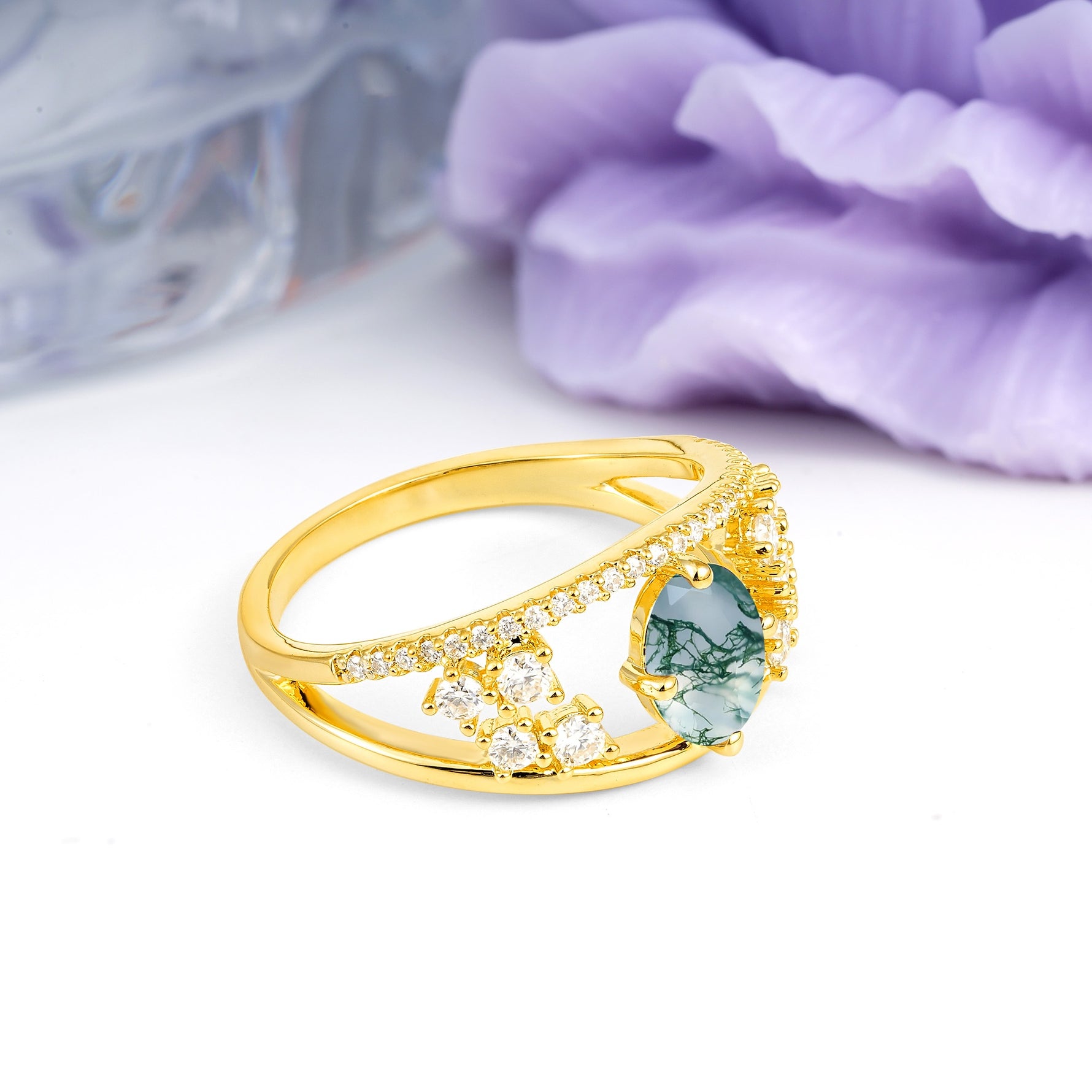 Unique Openwork, Luxurious 4-Prong, Oval Cut Moss Agate Engagement Ring - Additional view