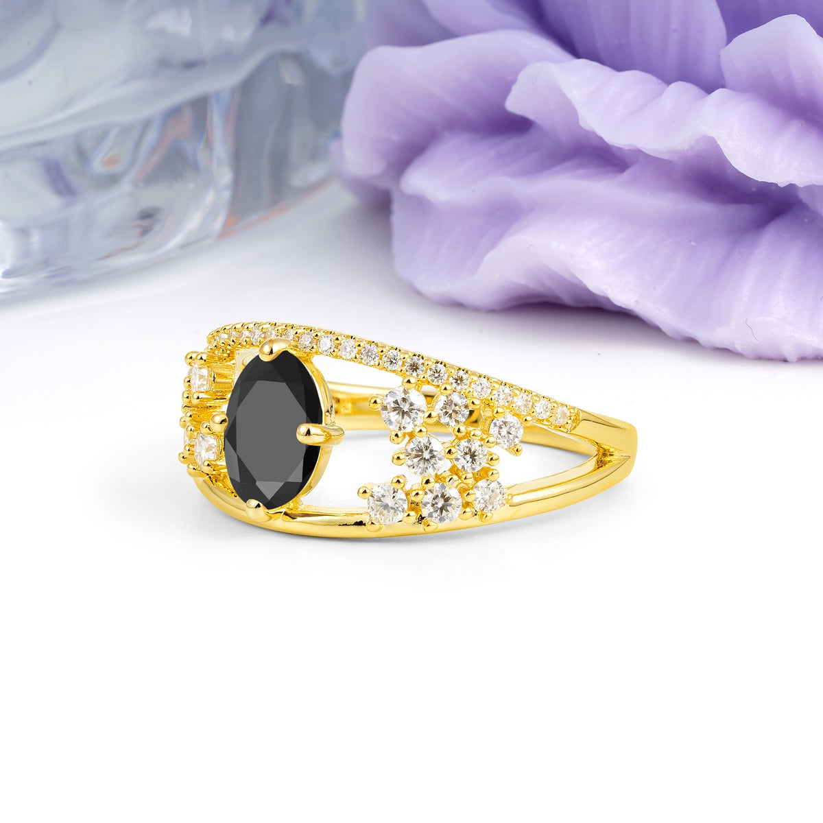 Unique Openwork, Luxurious 4-Prong, Oval Cut Black Onyx Engagement Ring - Additional view