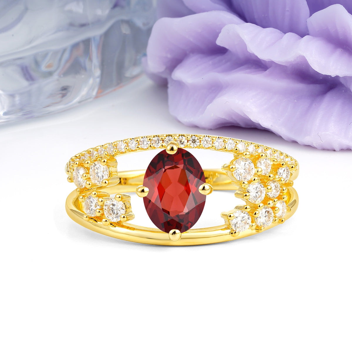 Unique Openwork, Luxurious 4-Prong, Oval Cut Garnet Engagement Ring - Additional view