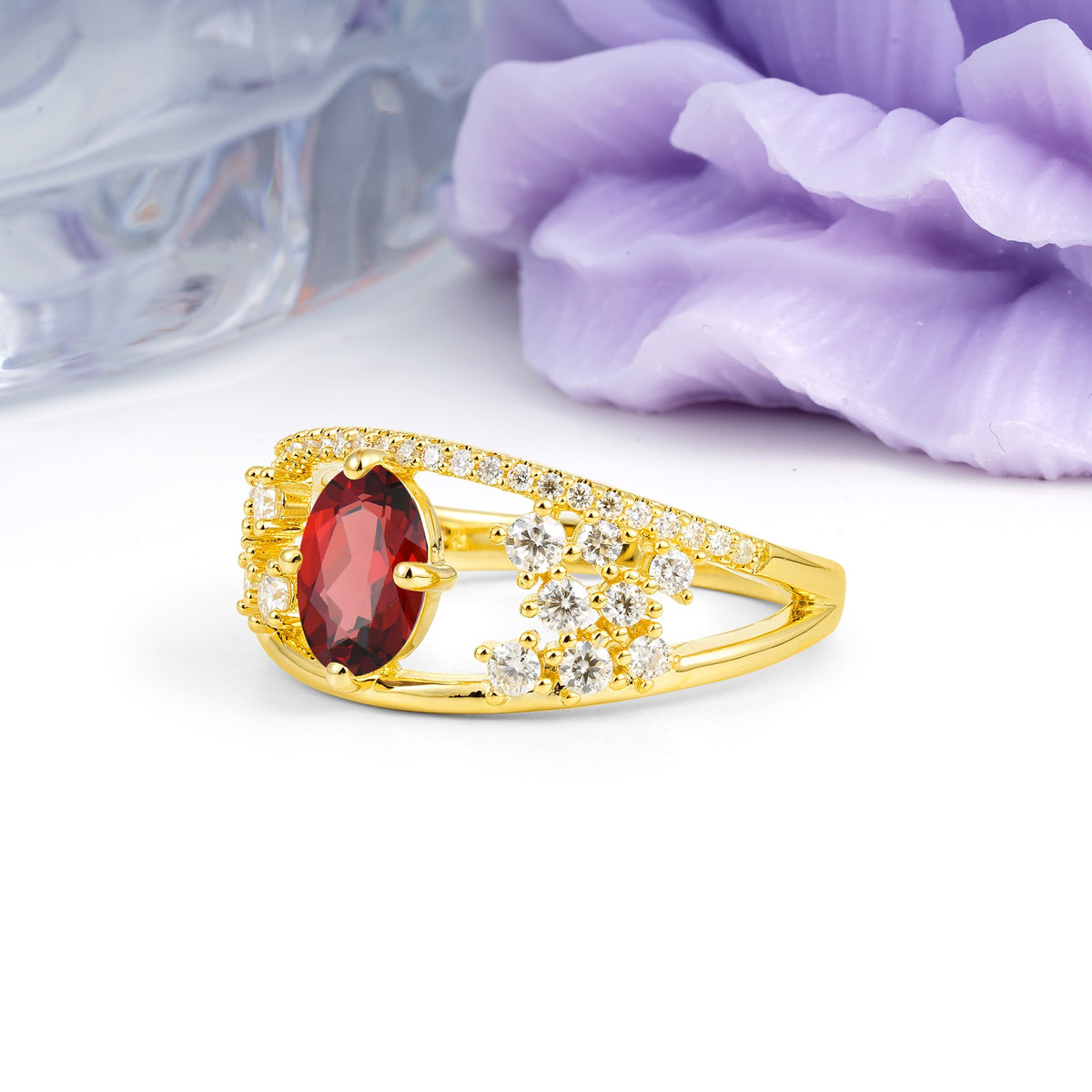 Unique Openwork, Luxurious 4-Prong, Oval Cut Garnet Engagement Ring - Additional view