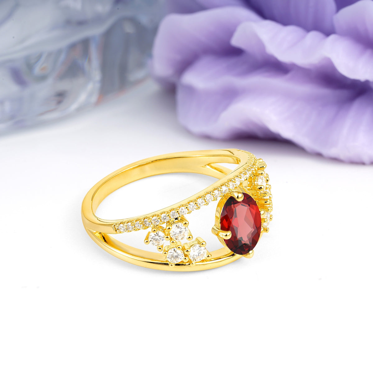 Unique Openwork, Luxurious 4-Prong, Oval Cut Garnet Engagement Ring - Additional view