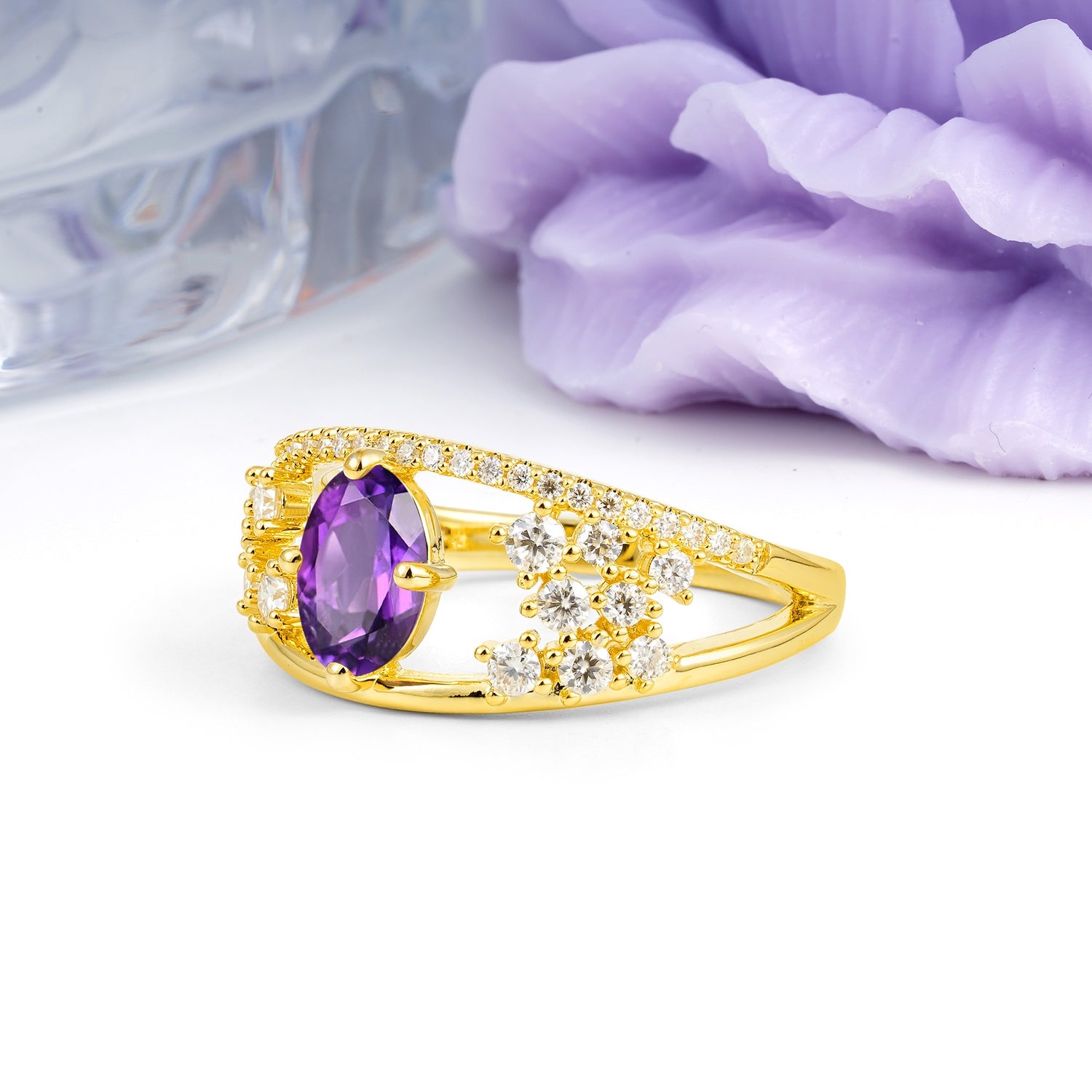 Unique Openwork, Luxurious 4-Prong, Oval Cut Amethyst Engagement Ring - Additional view