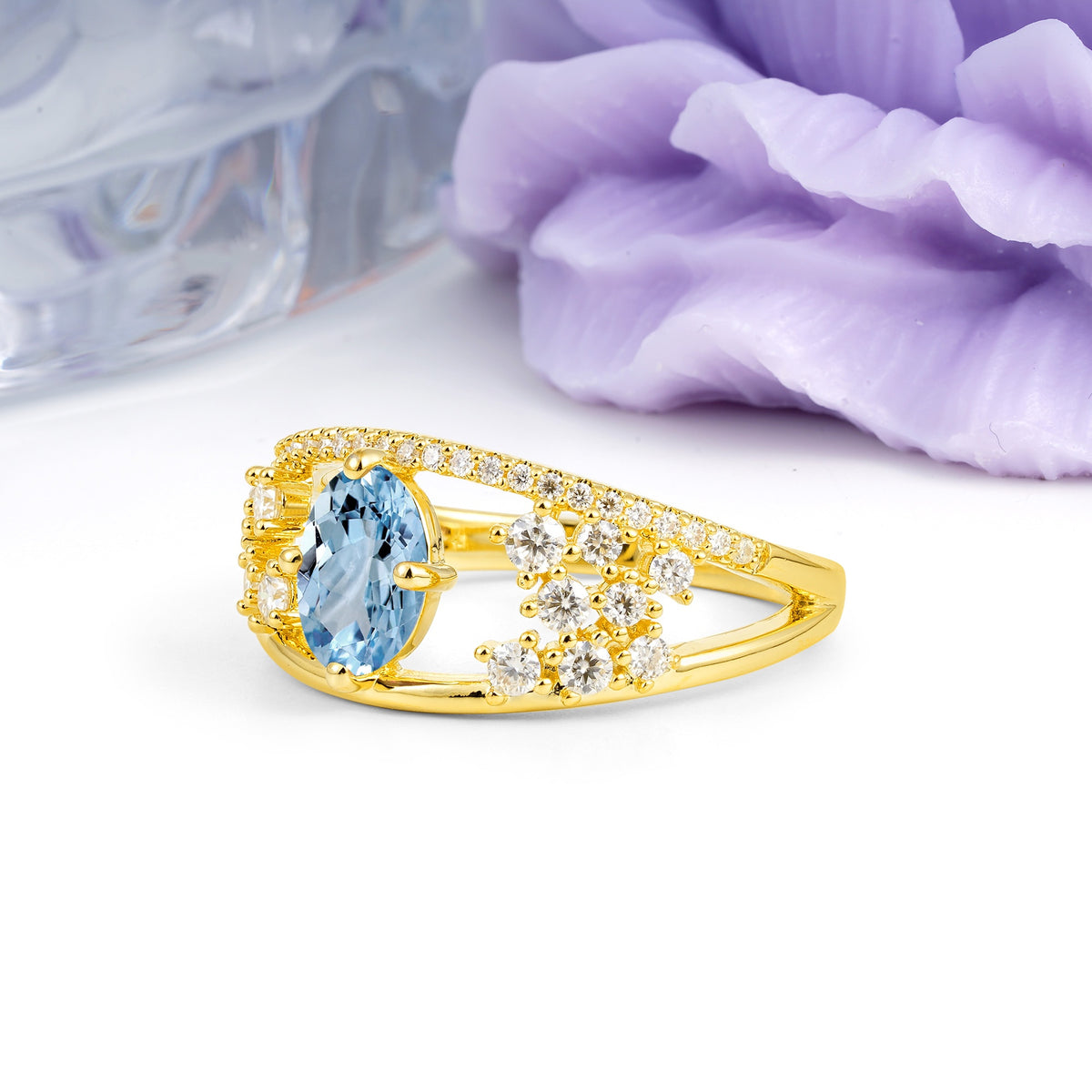 Unique Openwork, Luxurious 4-Prong, Oval Cut Aquamarine Engagement Ring - Additional view