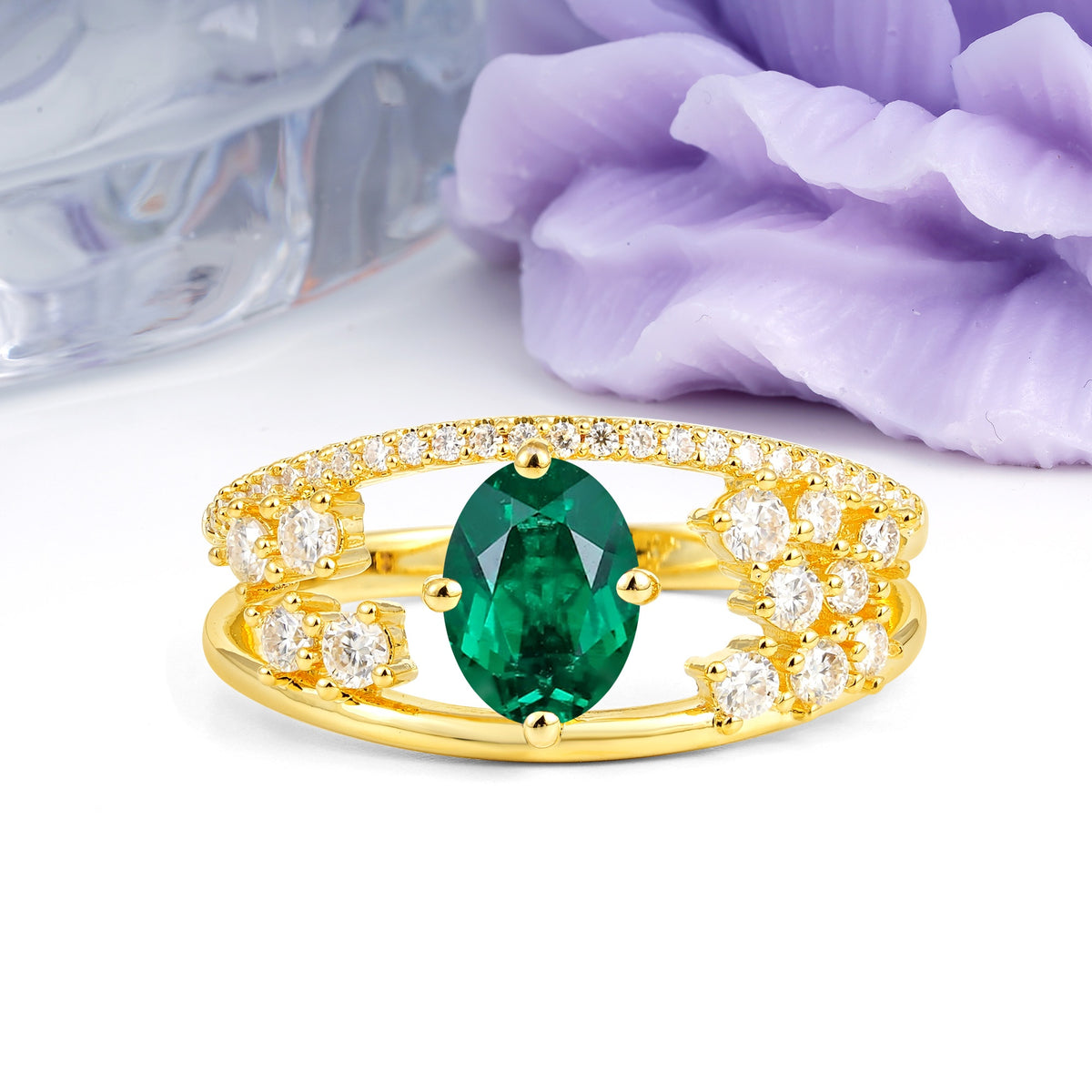 Unique Openwork, Luxurious 4-Prong, Oval Cut Emerald Engagement Ring - Additional view
