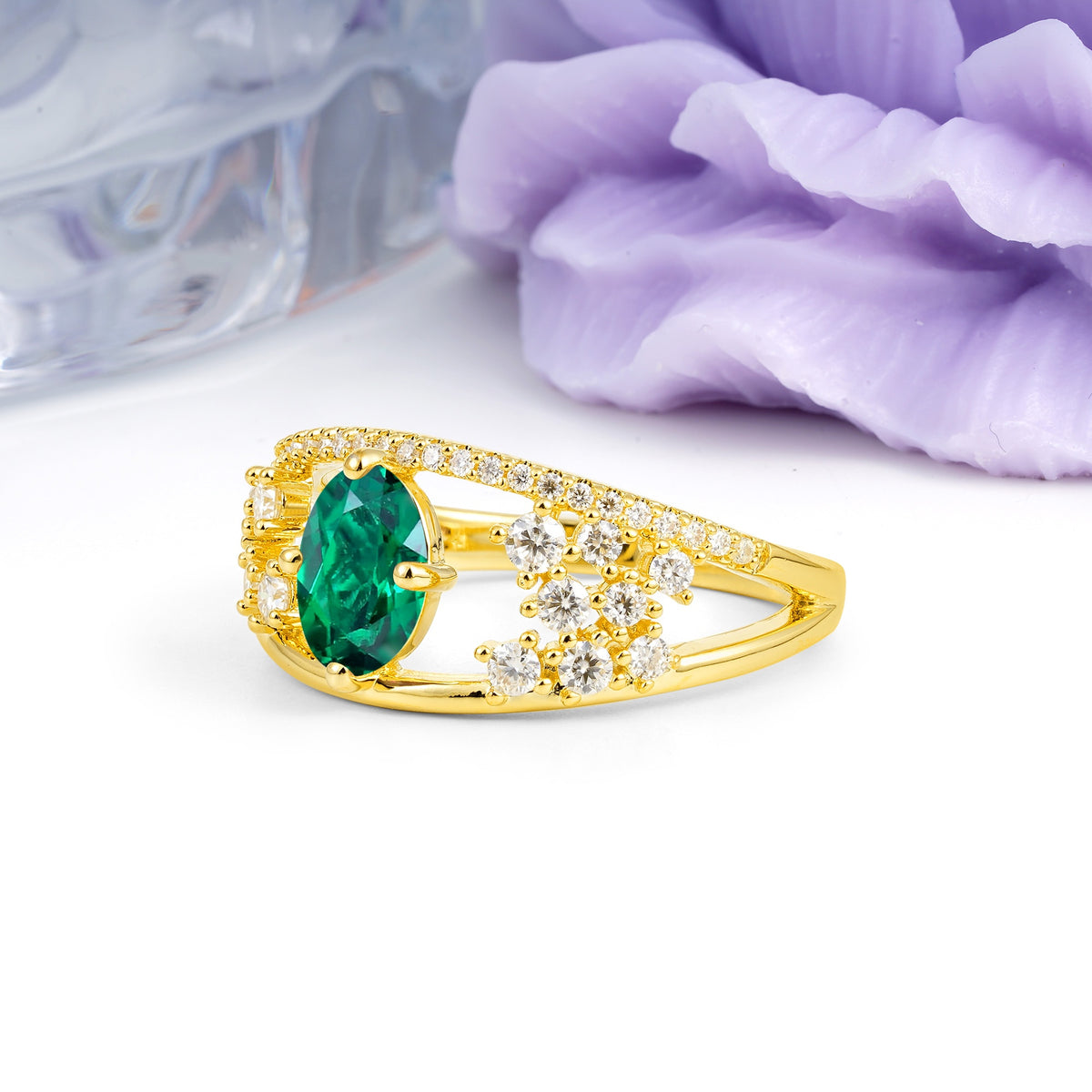 Unique Openwork, Luxurious 4-Prong, Oval Cut Emerald Engagement Ring - Additional view