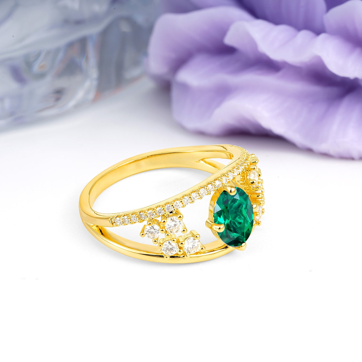 Unique Openwork, Luxurious 4-Prong, Oval Cut Emerald Engagement Ring - Additional view
