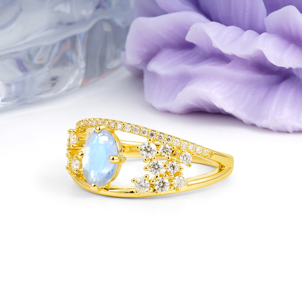 Unique Openwork, Luxurious 4-Prong, Oval Cut Moonstone Engagement Ring - Additional view