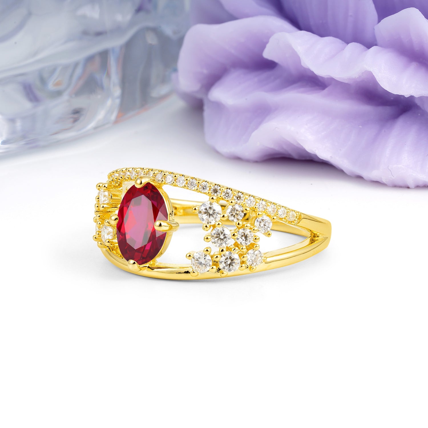 Unique Openwork, Luxurious 4-Prong, Oval Cut Ruby Engagement Ring - Additional view