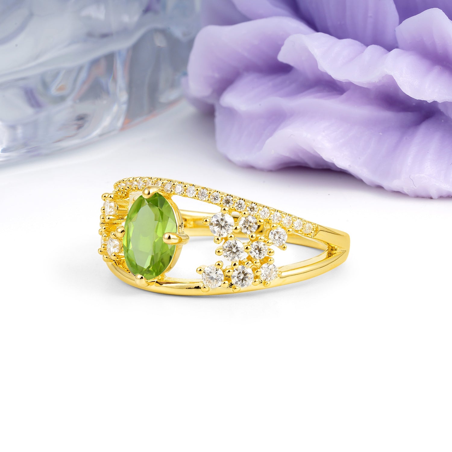 Unique Openwork, Luxurious 4-Prong, Oval Cut Peridot Engagement Ring - Additional view