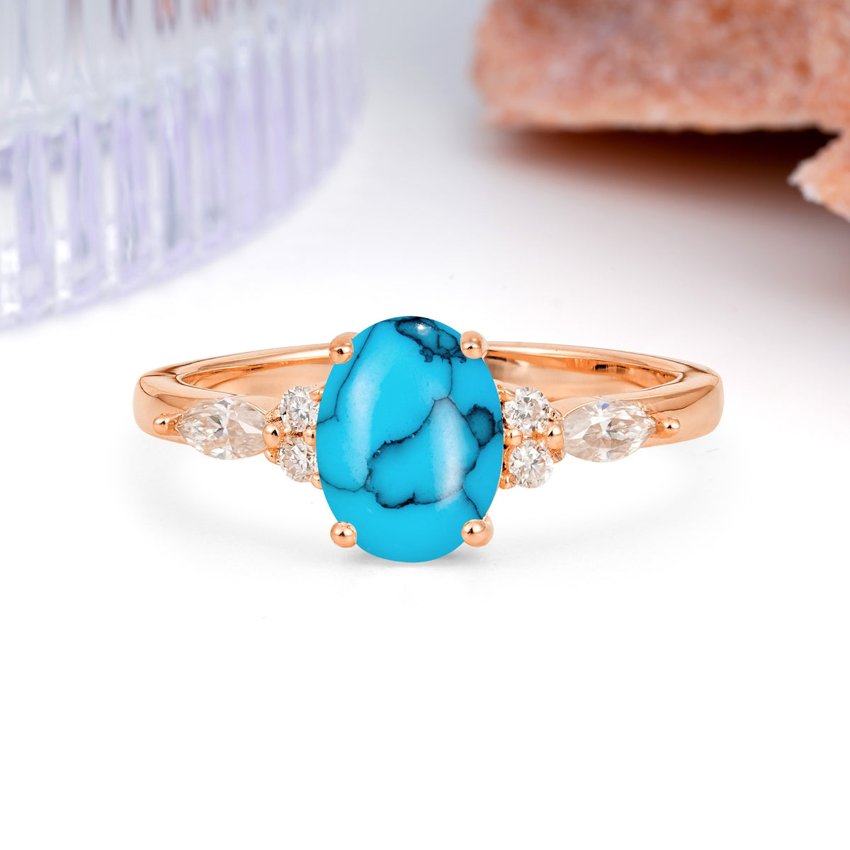 Classic and Luxurious 4-Prong Oval Cut Turquoise Engagement Ring - Additional view