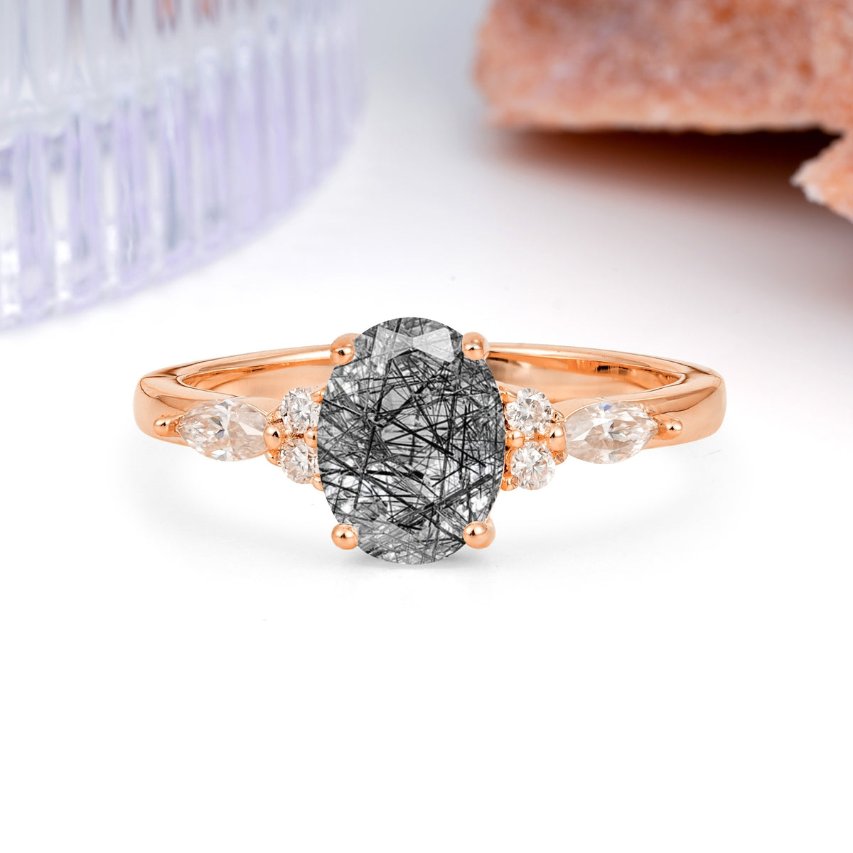 Classic and Luxurious 4-Prong Oval Cut Black Rutilated Quartz Engagement Ring - Additional view