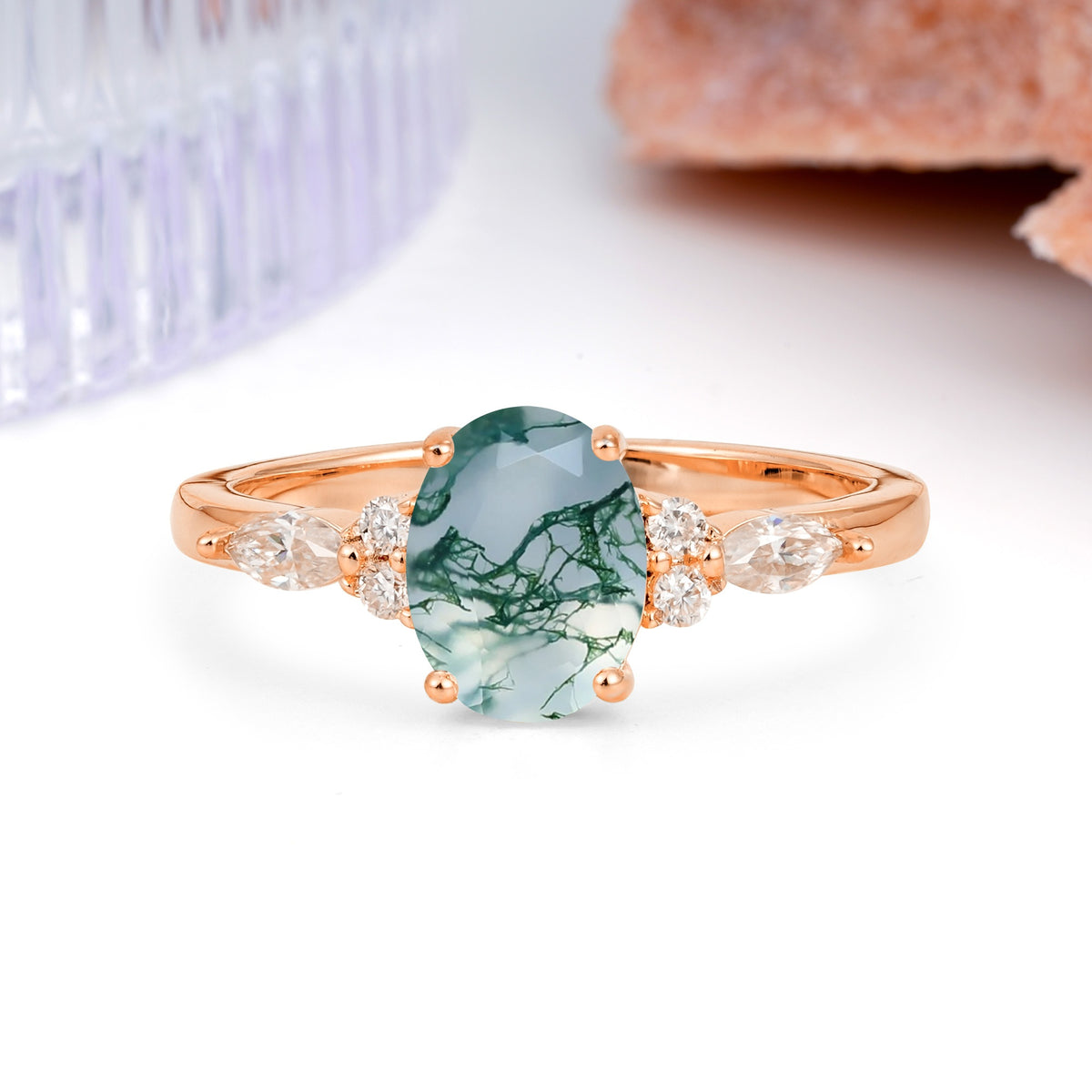 Classic and Luxurious 4-Prong Oval Cut Moss Agate Engagement Ring - Additional view