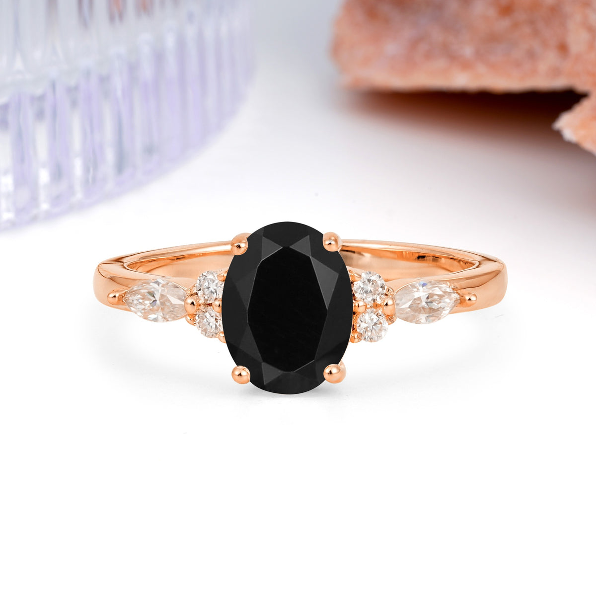 Classic and Luxurious 4-Prong Oval Cut Black Onyx Engagement Ring - Additional view