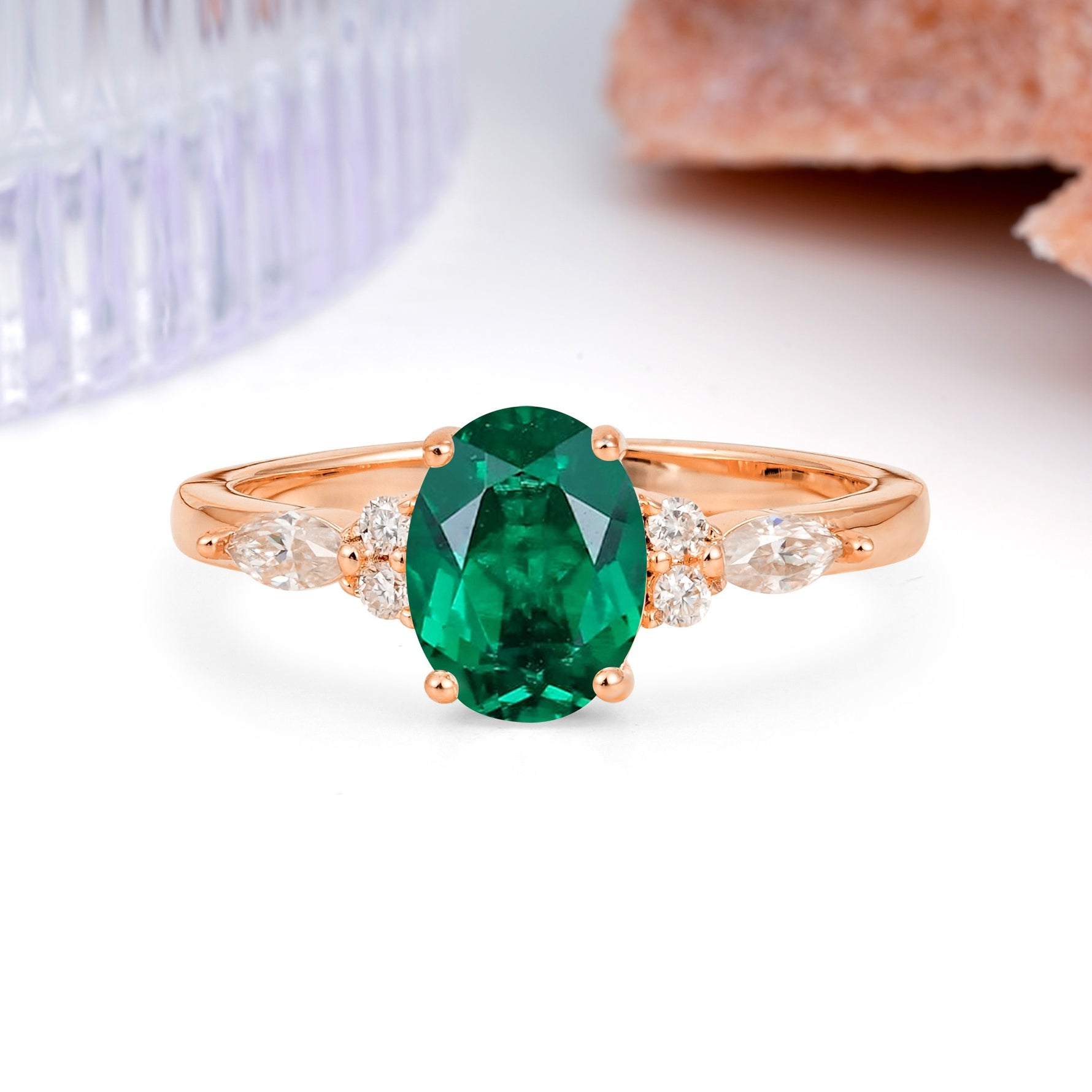 Classic and Luxurious 4-Prong Oval Cut Emerald Engagement Ring - Additional view