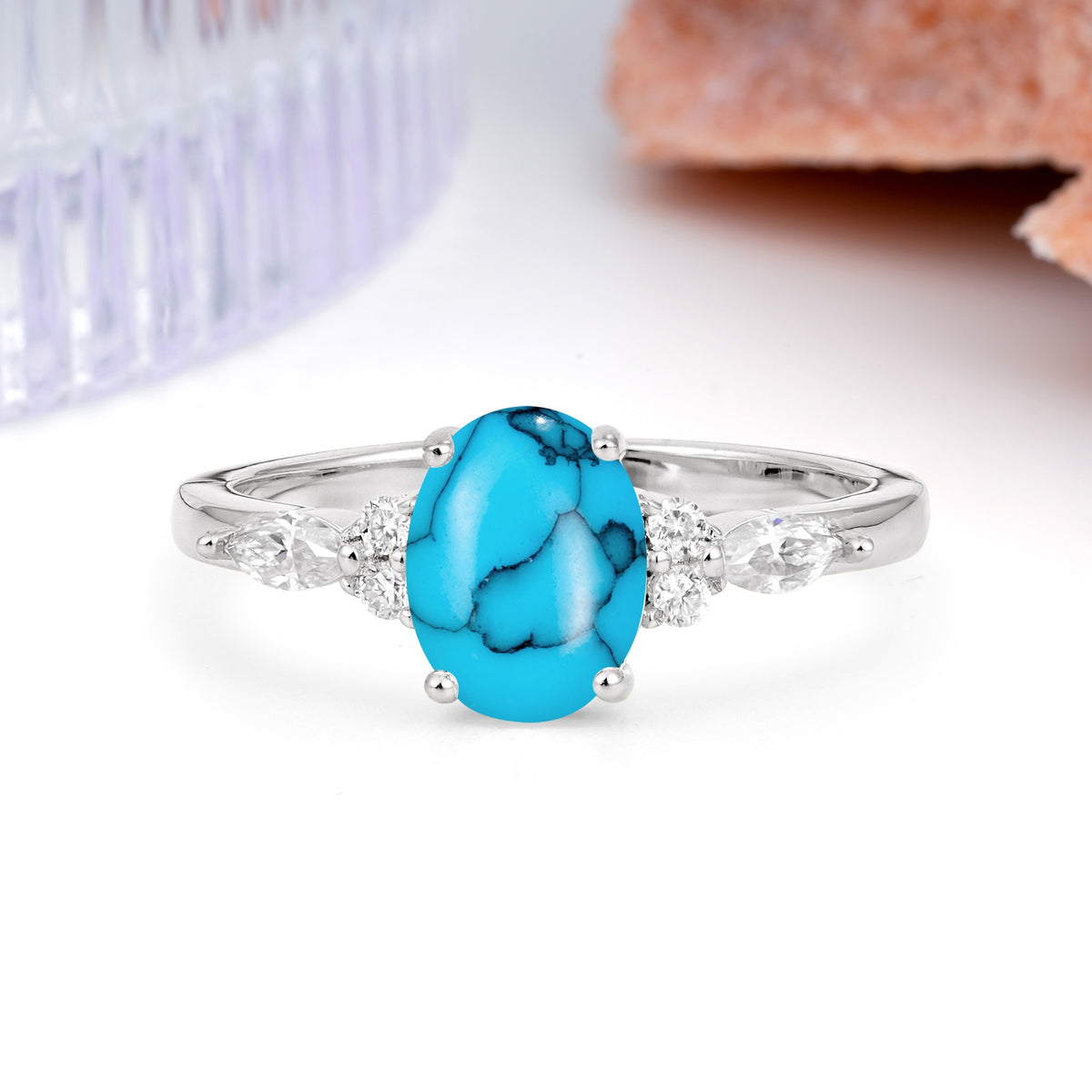 Classic and Luxurious 4-Prong Oval Cut Turquoise Engagement Ring - Additional view