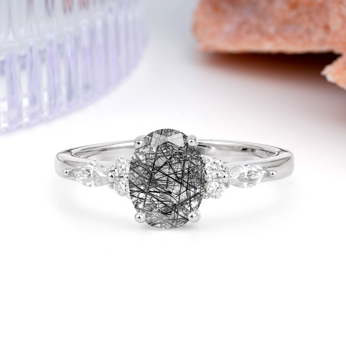 Classic and Luxurious 4-Prong Oval Cut Black Rutilated Quartz Engagement Ring - Additional view