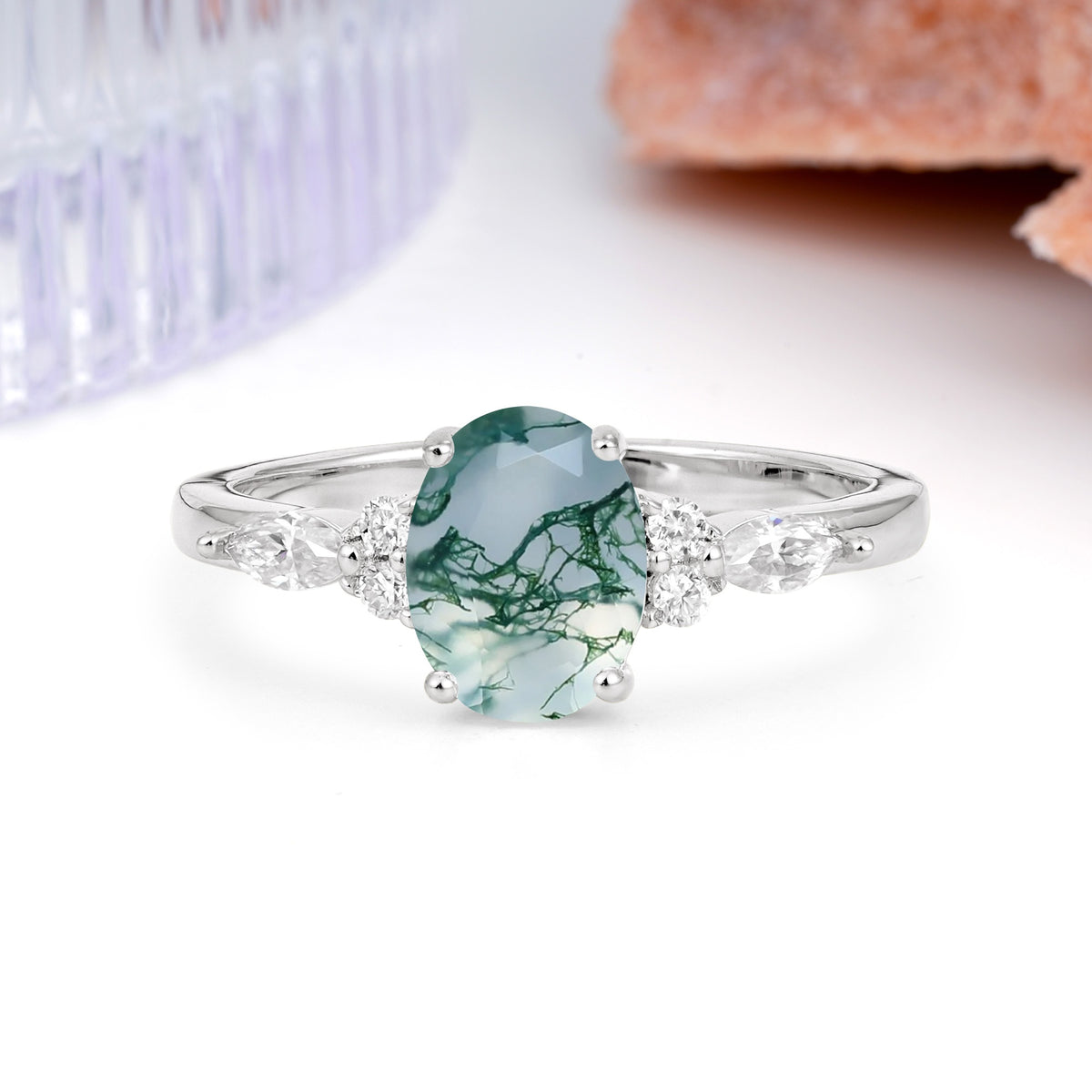Classic and Luxurious 4-Prong Oval Cut Moss Agate Engagement Ring - Additional view