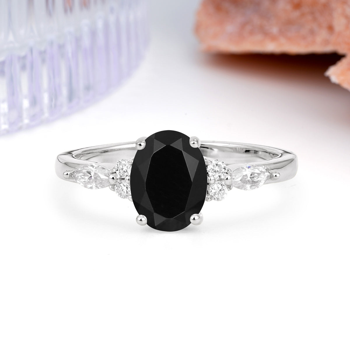 Classic and Luxurious 4-Prong Oval Cut Black Onyx Engagement Ring - Additional view