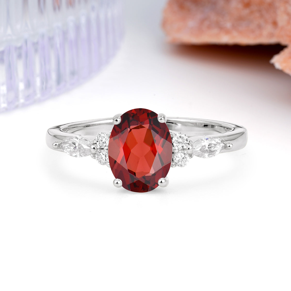 Classic and Luxurious 4-Prong Oval Cut Garnet Engagement Ring - Additional view