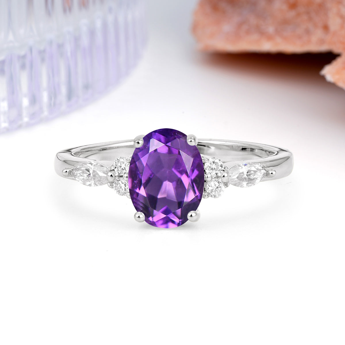 Classic and Luxurious 4-Prong Oval Cut Amethyst Engagement Ring - Additional view