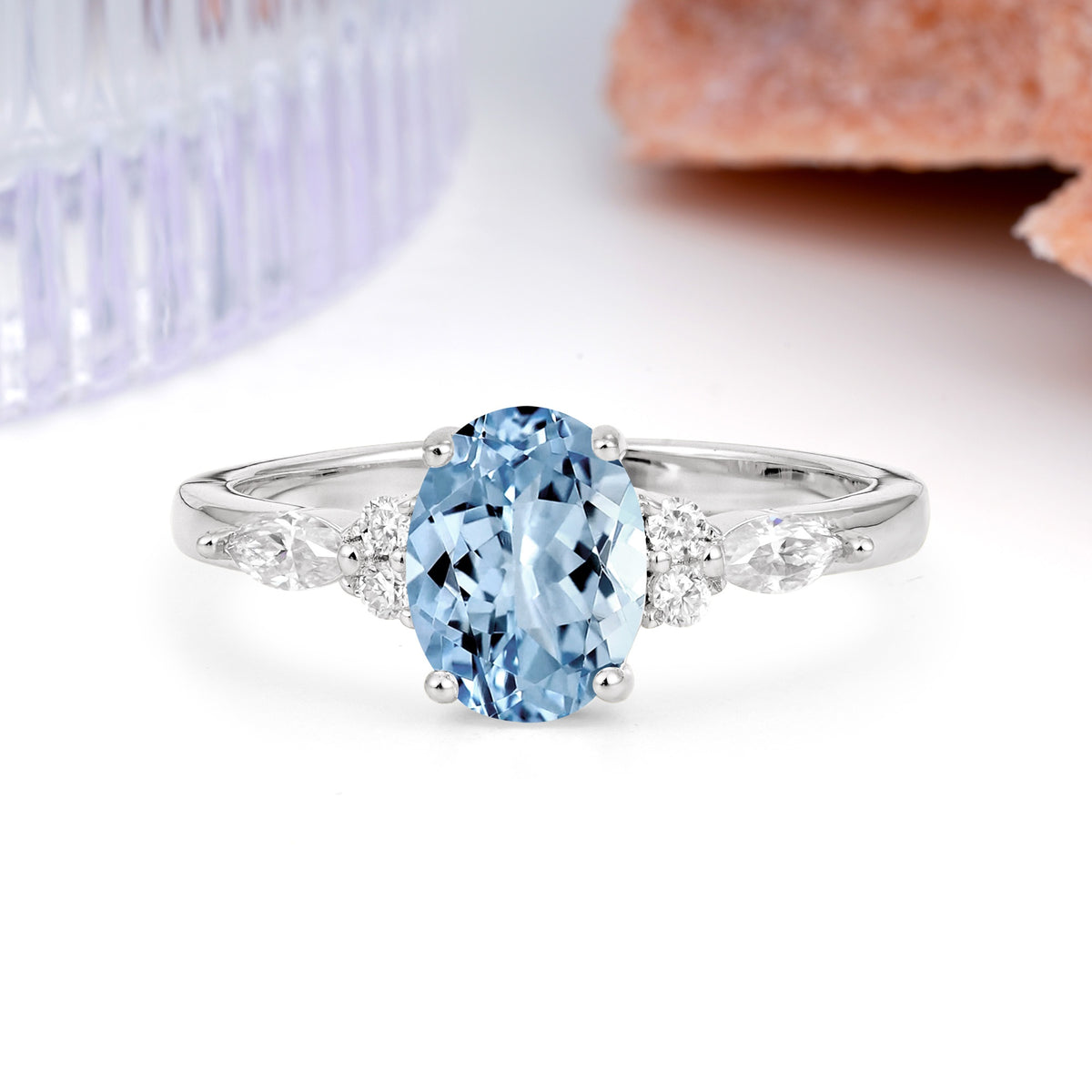 Classic and Luxurious 4-Prong Oval Cut Aquamarine Engagement Ring - Additional view