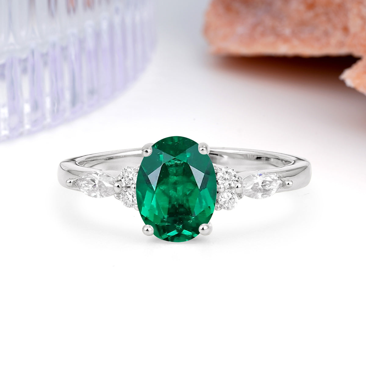 Classic and Luxurious 4-Prong Oval Cut Emerald Engagement Ring - Additional view