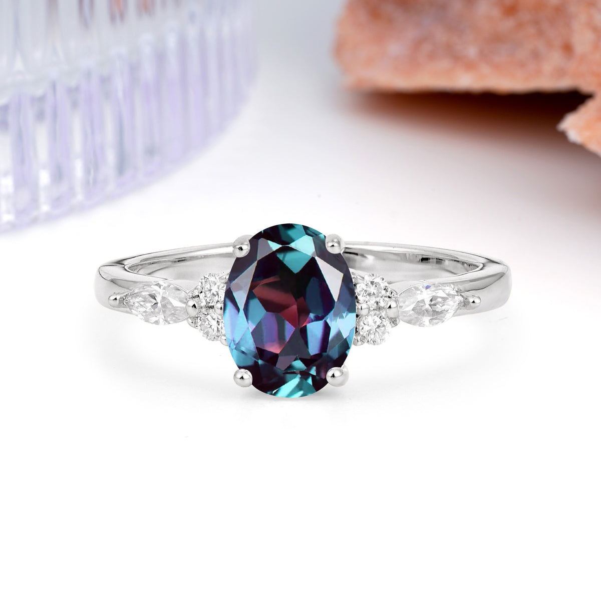 Classic and Luxurious 4-Prong Oval Cut Alexandrite Engagement Ring - Additional view