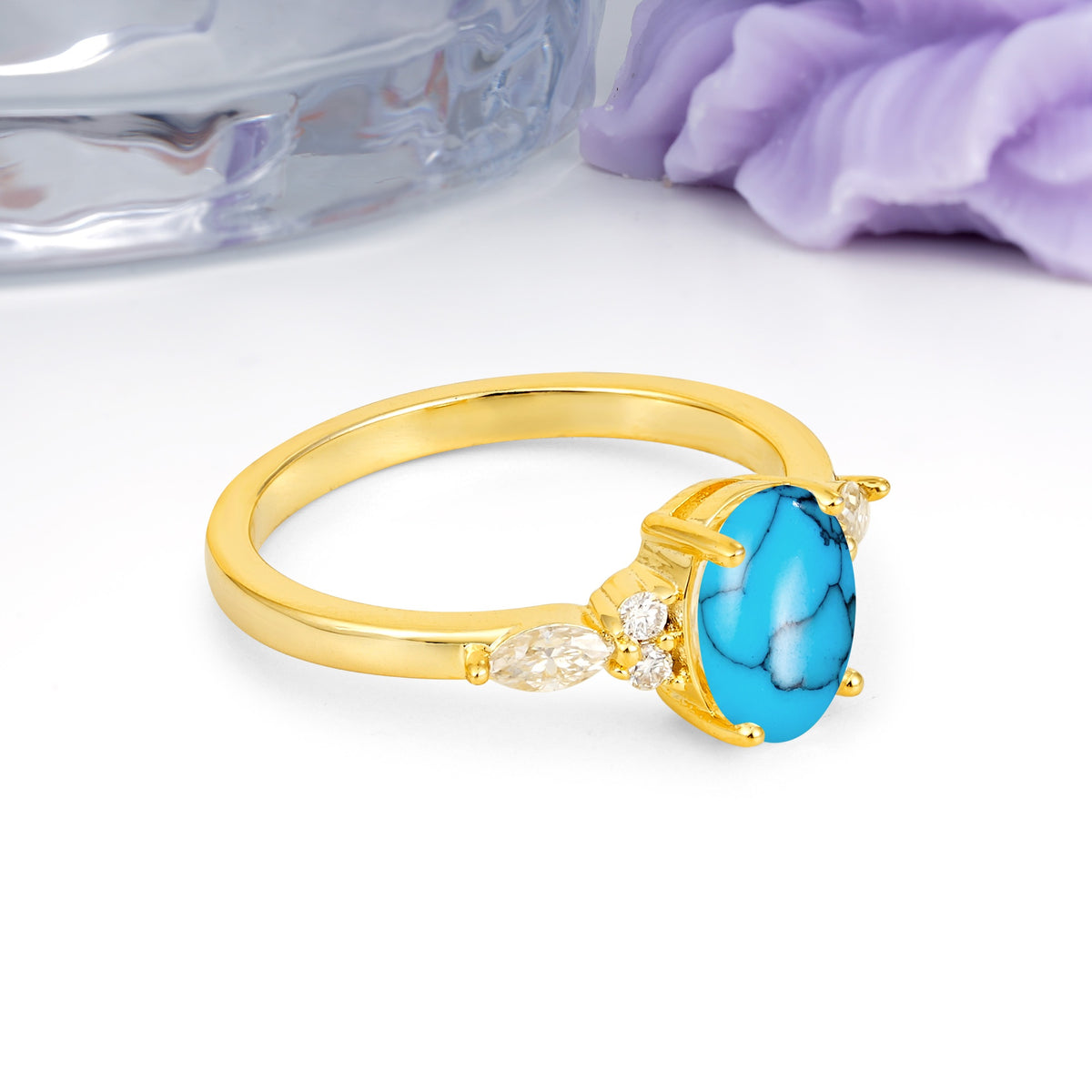 Classic and Luxurious 4-Prong Oval Cut Turquoise Engagement Ring - Additional view