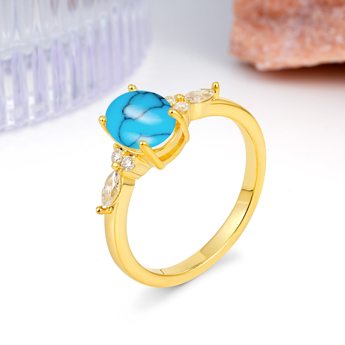 Classic and Luxurious 4-Prong Oval Cut Turquoise Engagement Ring - Additional view