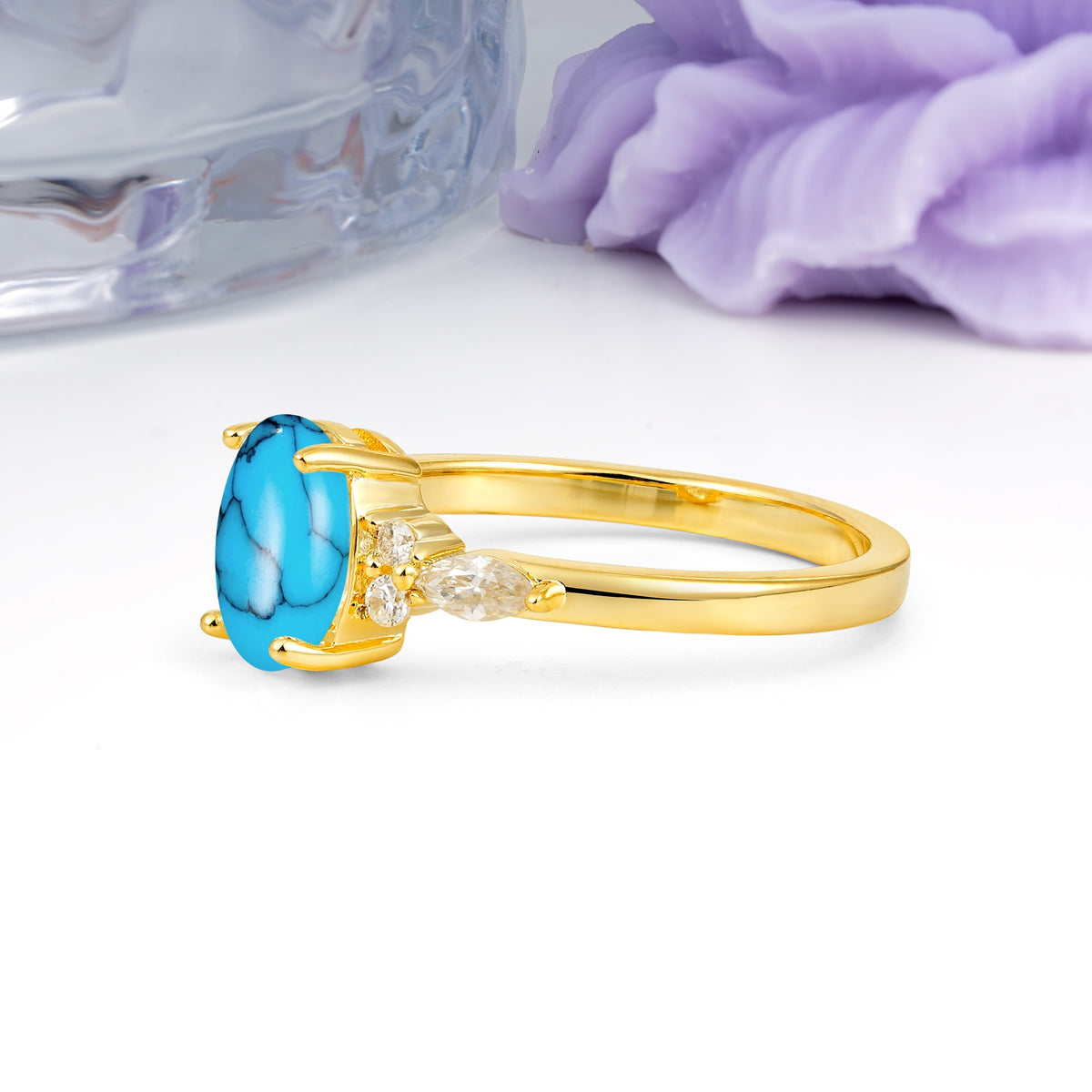 Classic and Luxurious 4-Prong Oval Cut Turquoise Engagement Ring - Additional view
