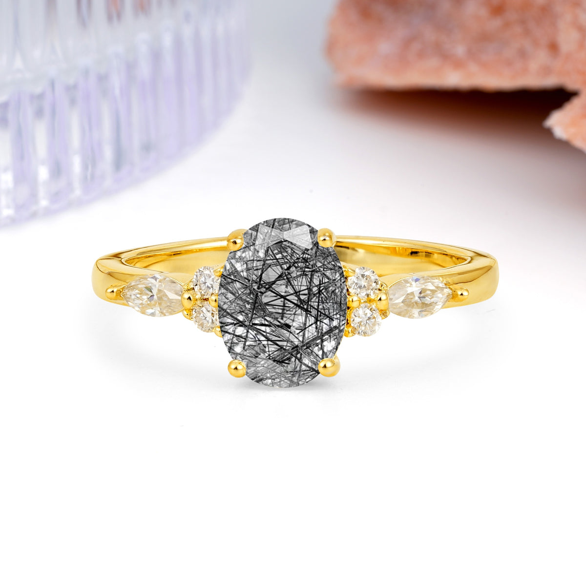 Classic and Luxurious 4-Prong Oval Cut Black Rutilated Quartz Engagement Ring - Additional view