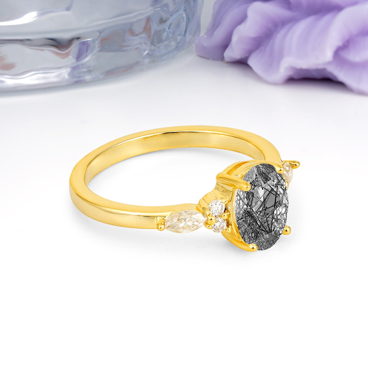 Classic and Luxurious 4-Prong Oval Cut Black Rutilated Quartz Engagement Ring - Additional view