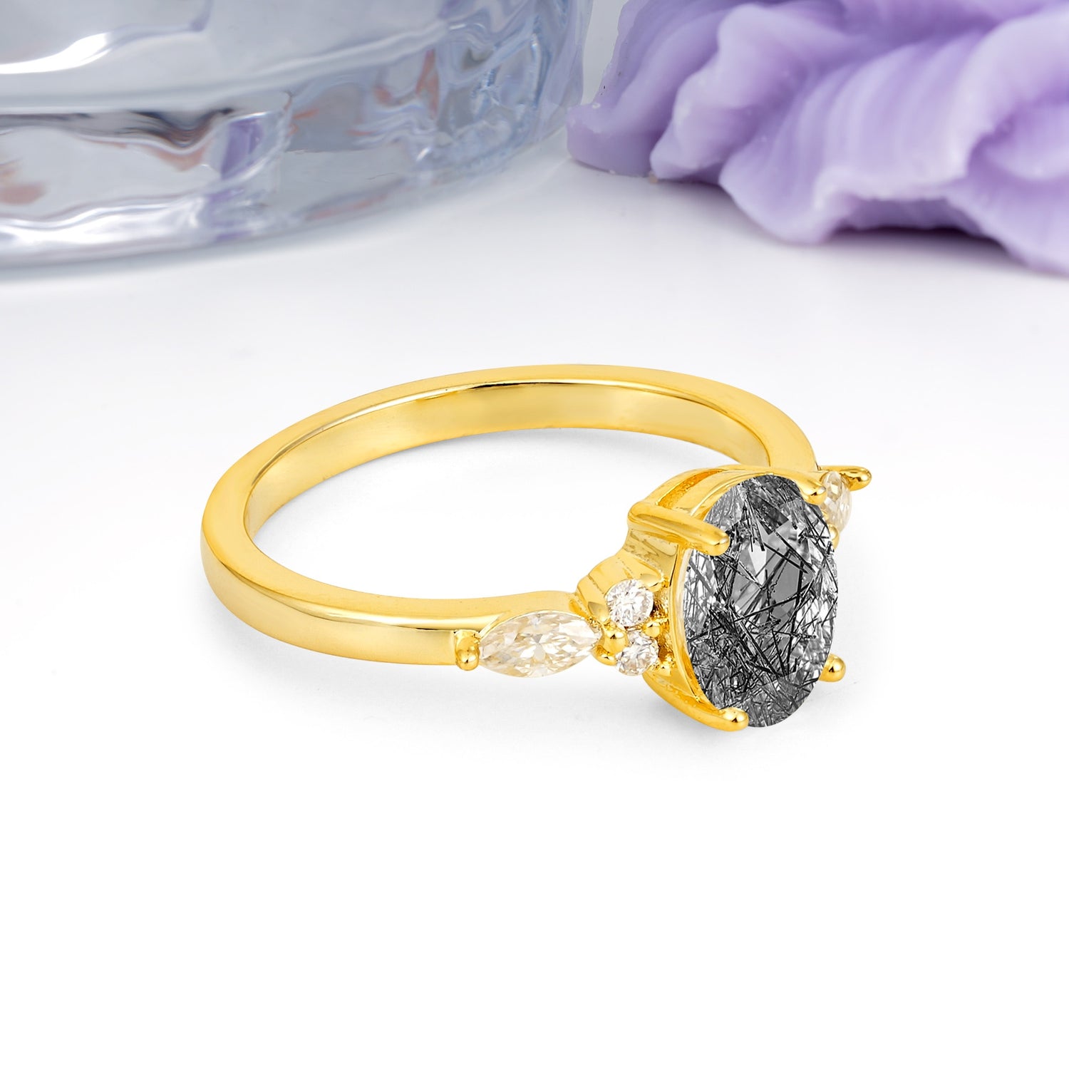 Classic and Luxurious 4-Prong Oval Cut Black Rutilated Quartz Engagement Ring - Additional view
