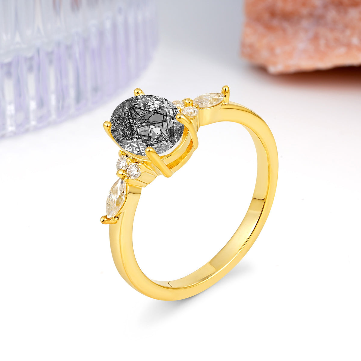 Classic and Luxurious 4-Prong Oval Cut Black Rutilated Quartz Engagement Ring - Additional view