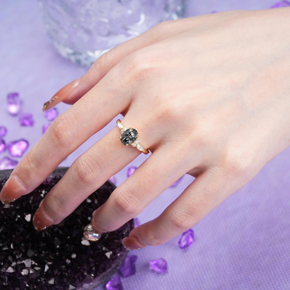 Classic and Luxurious 4-Prong Oval Cut Black Rutilated Quartz Engagement Ring