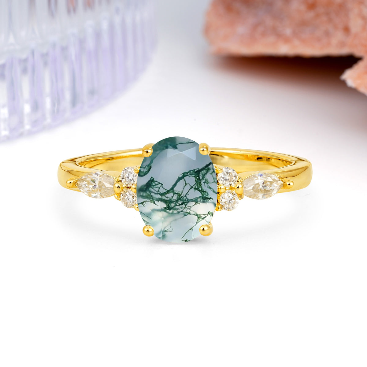 Classic and Luxurious 4-Prong Oval Cut Moss Agate Engagement Ring - Additional view