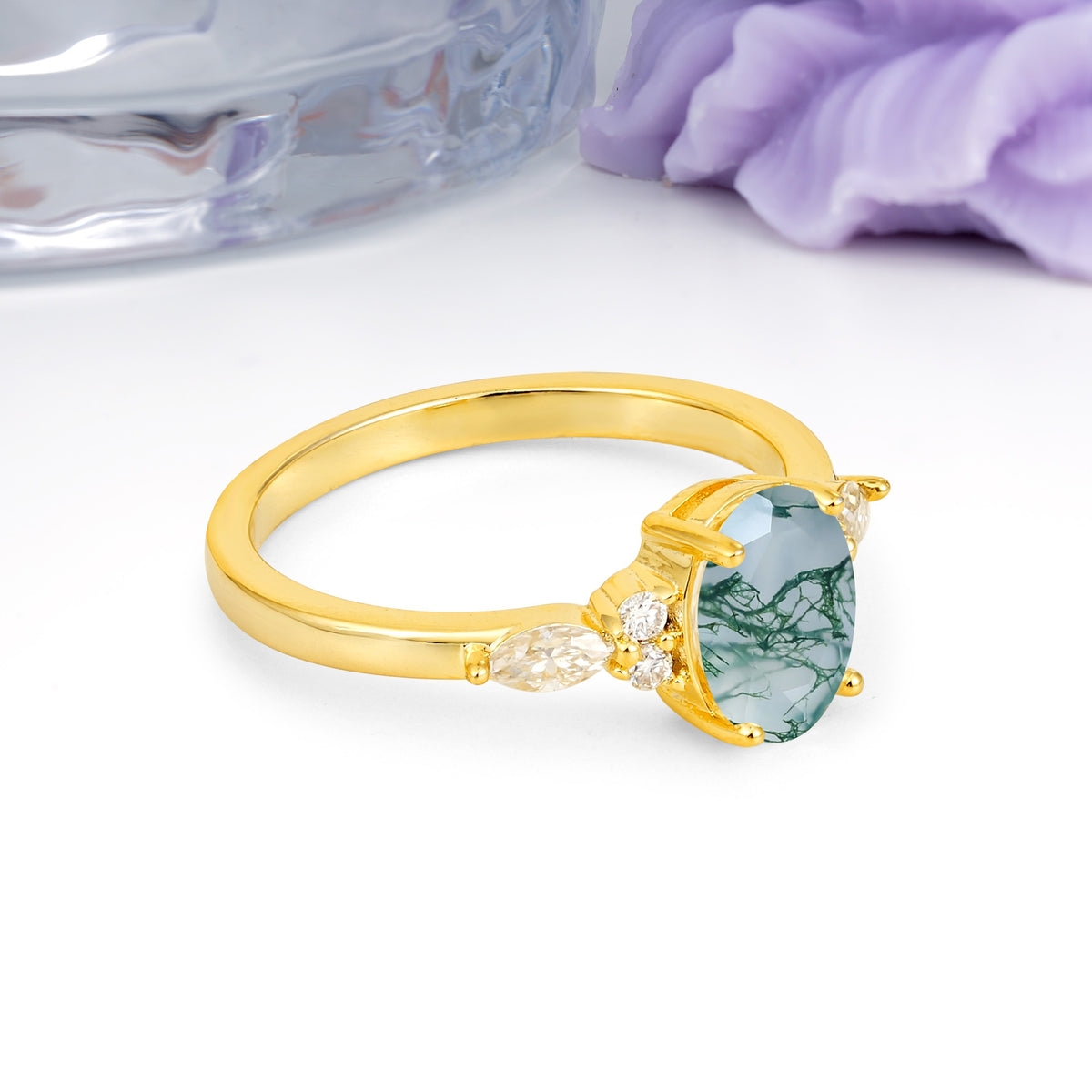 Classic and Luxurious 4-Prong Oval Cut Moss Agate Engagement Ring - Additional view