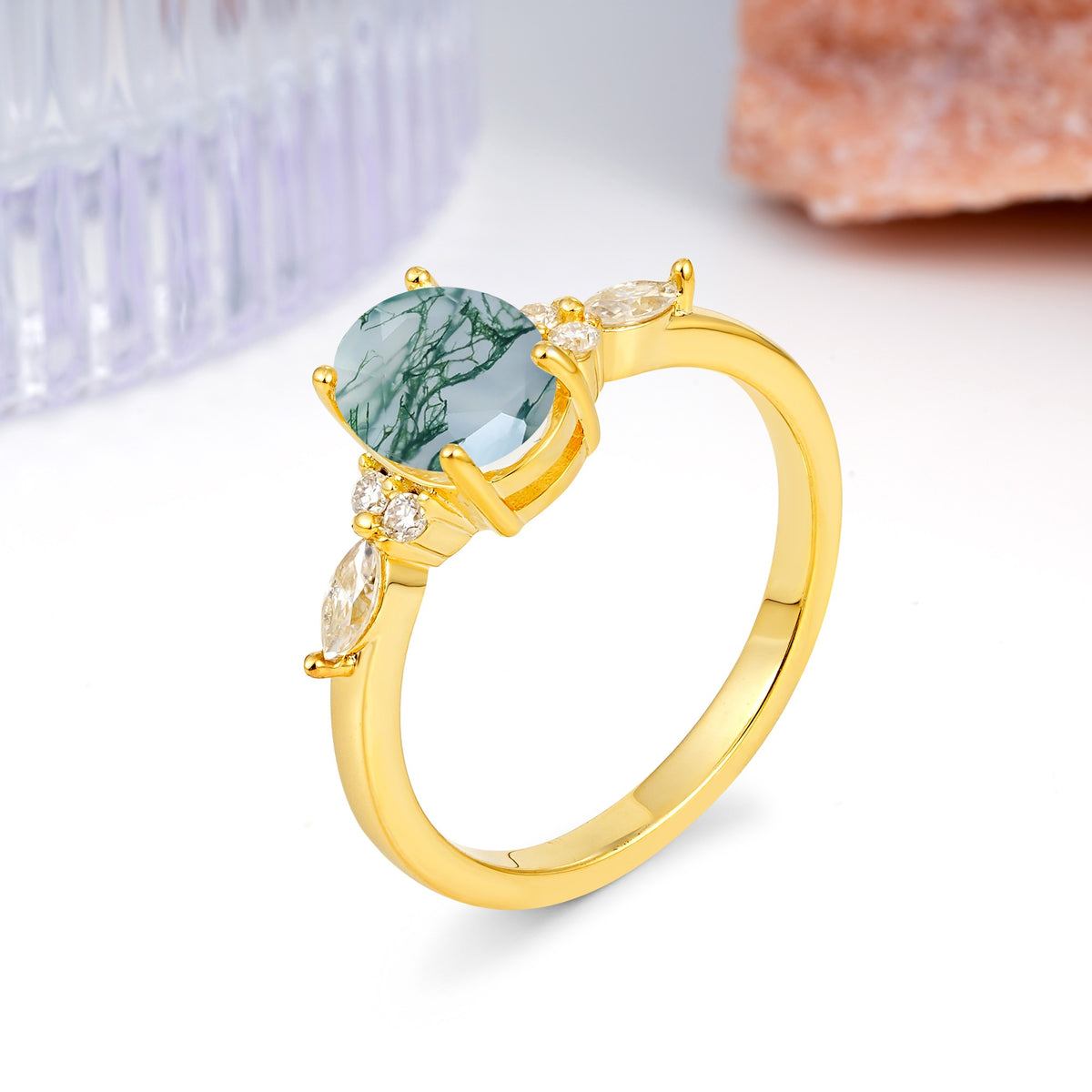 Classic and Luxurious 4-Prong Oval Cut Moss Agate Engagement Ring - Additional view